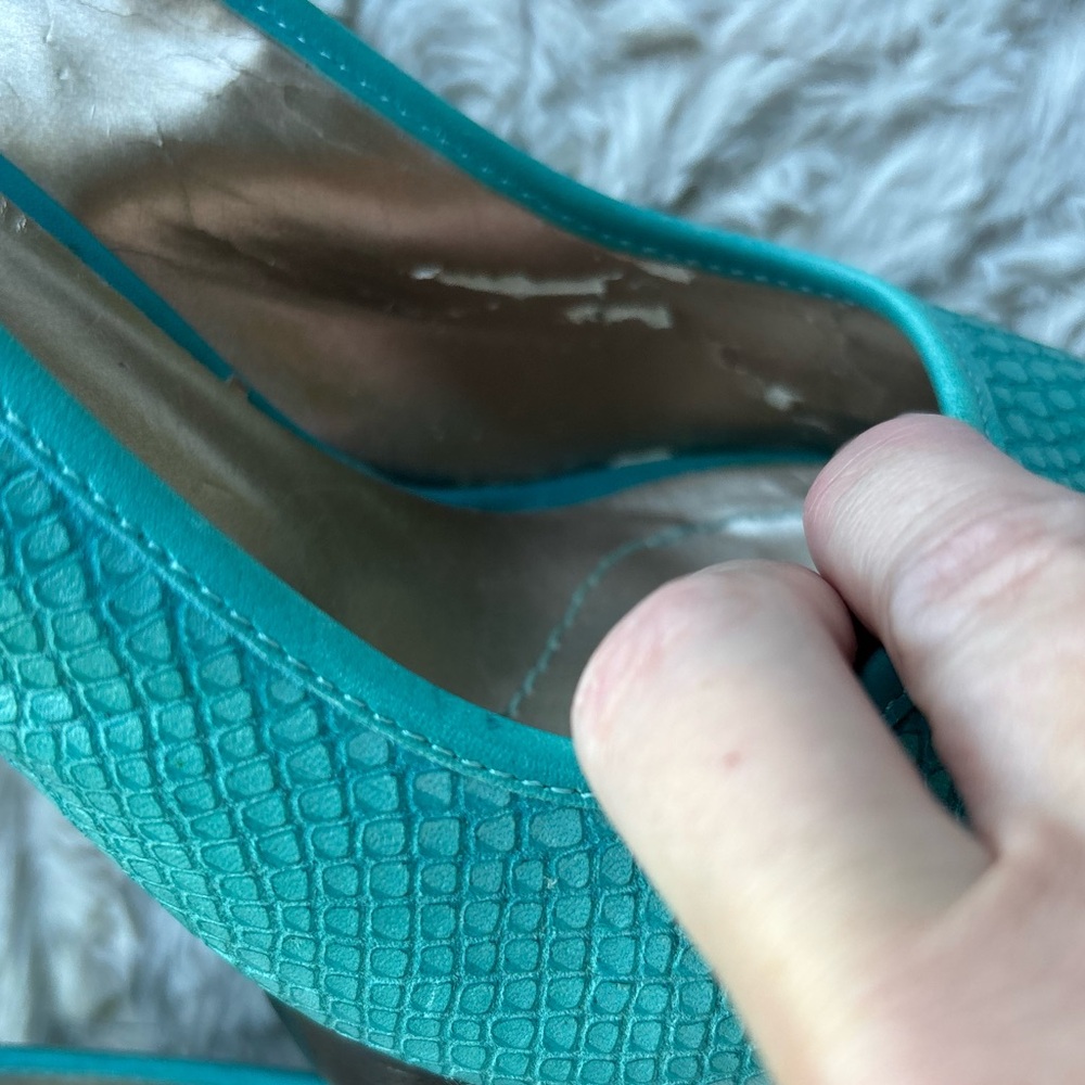 DKNYC, DKNY city “Anita” Turquoise Peep-Toe Slingback Heels, snakeskin,4.25” - Picture 6 of 11